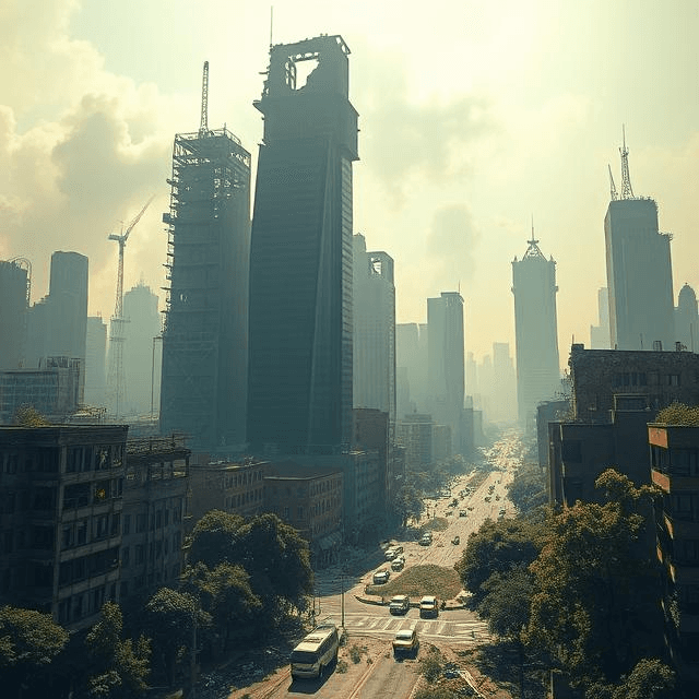 A desolate city skyline in ruins, with crumbling skyscrapers overtaken by nature. The sky is heavy with ash, and the streets are empty except for abandoned cars and scattered debris, a haunting silence filling the air.